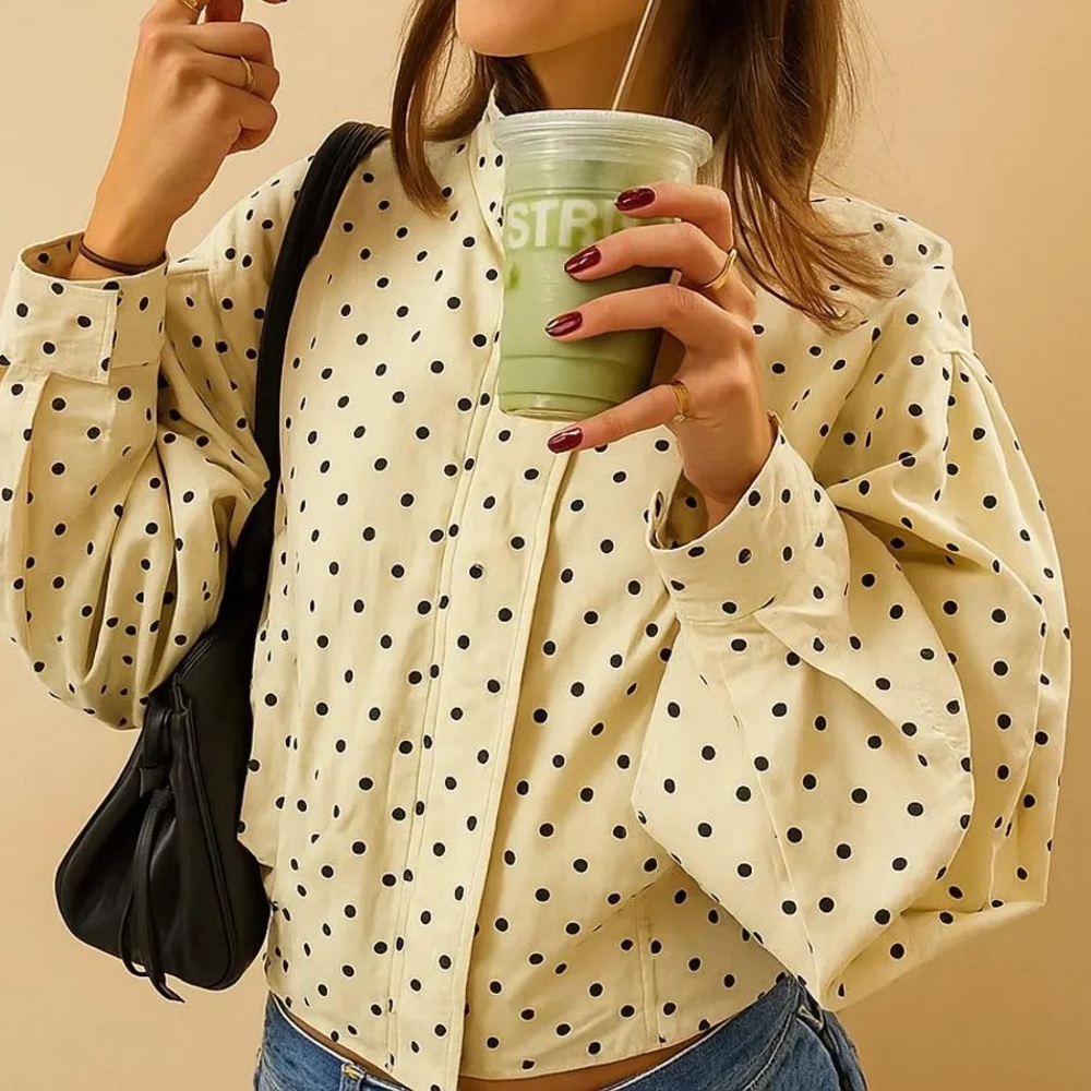 Polka Dot Long-Sleeve Blouse - Cream/Black - Picture 2 of 4